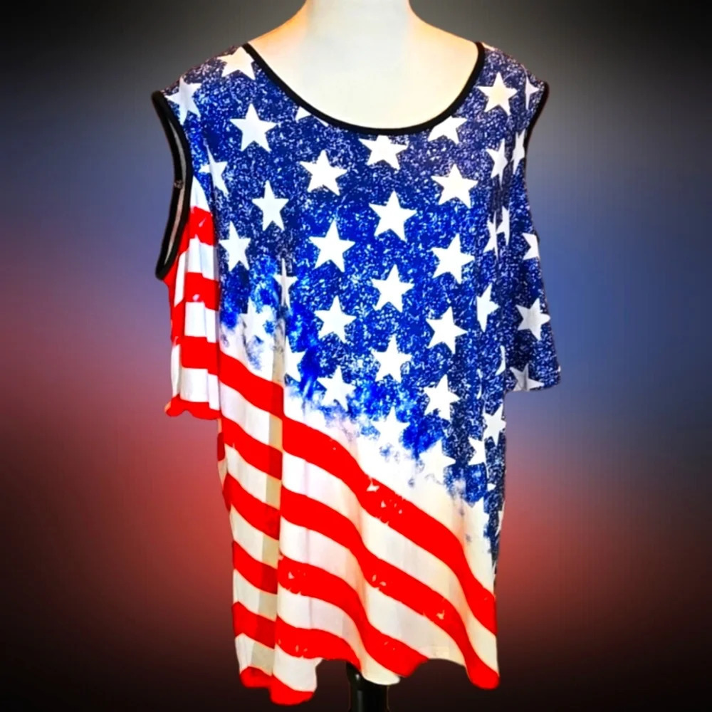Patriotic Red White & Blue Stars & Stripes Top Cold Shoulder Women 3X (US 16-18)